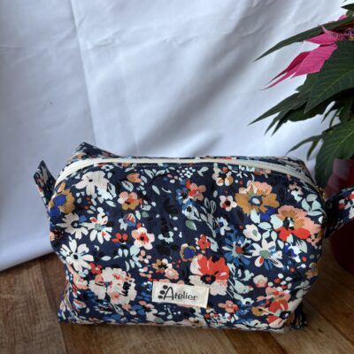 Trousse de toilette en gabardine de coton Fleur bleu grande capacité
