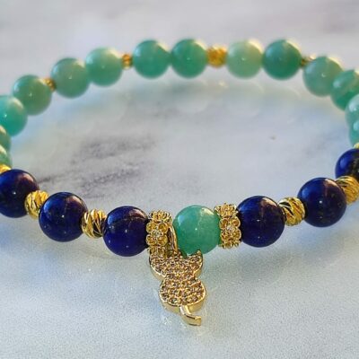 Bracelet élastique Lapis Lazuli et Amazonite Breloque Chat