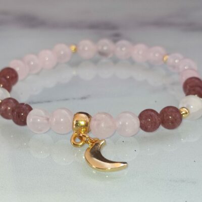Bracelet Quartz rose, Pierre de Lune et Quartz fraise élastique