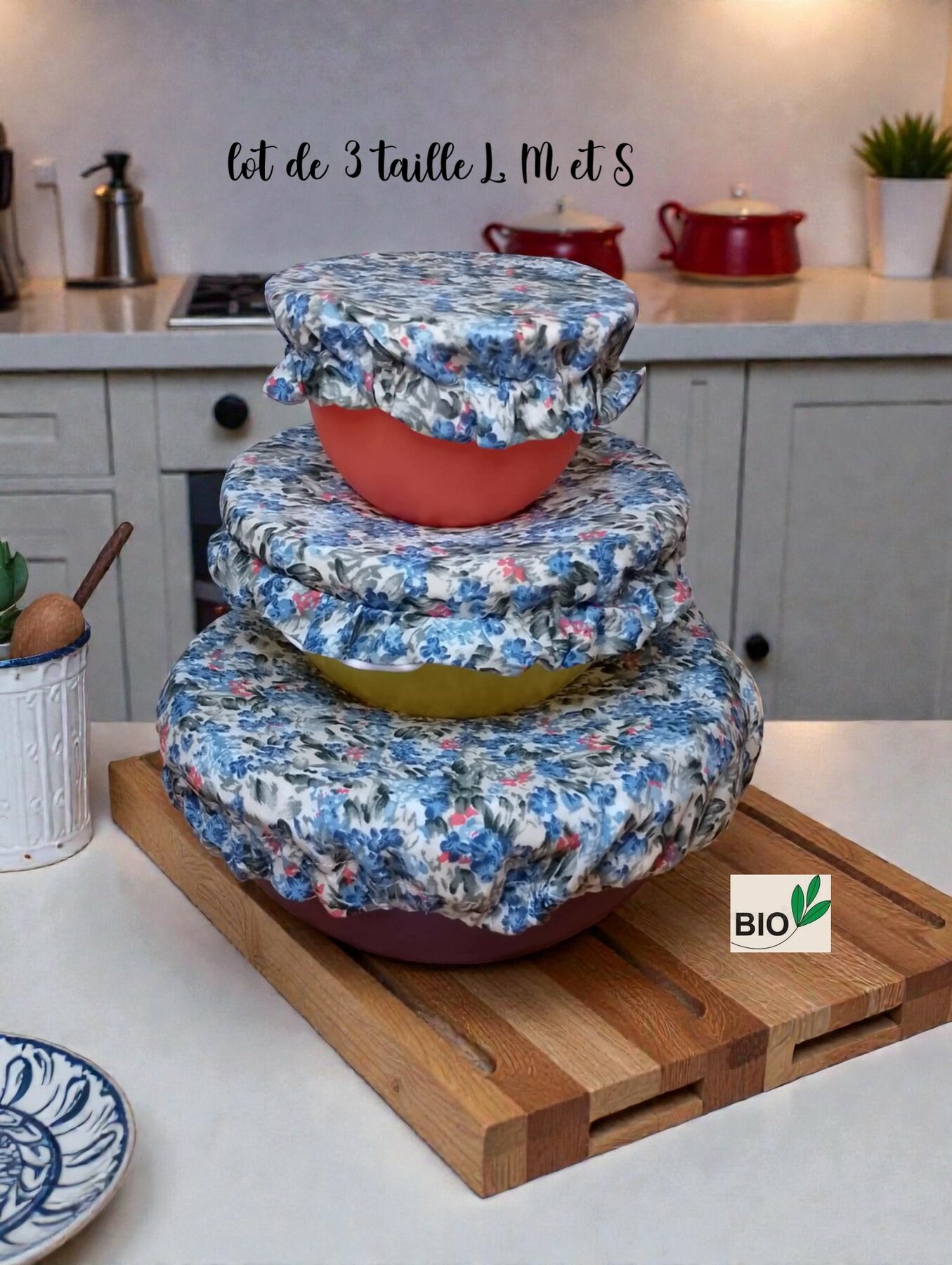 lot de 3 charlottes alimentaires coton bio doublé PUL certifié contact alimentaire modèle au choix