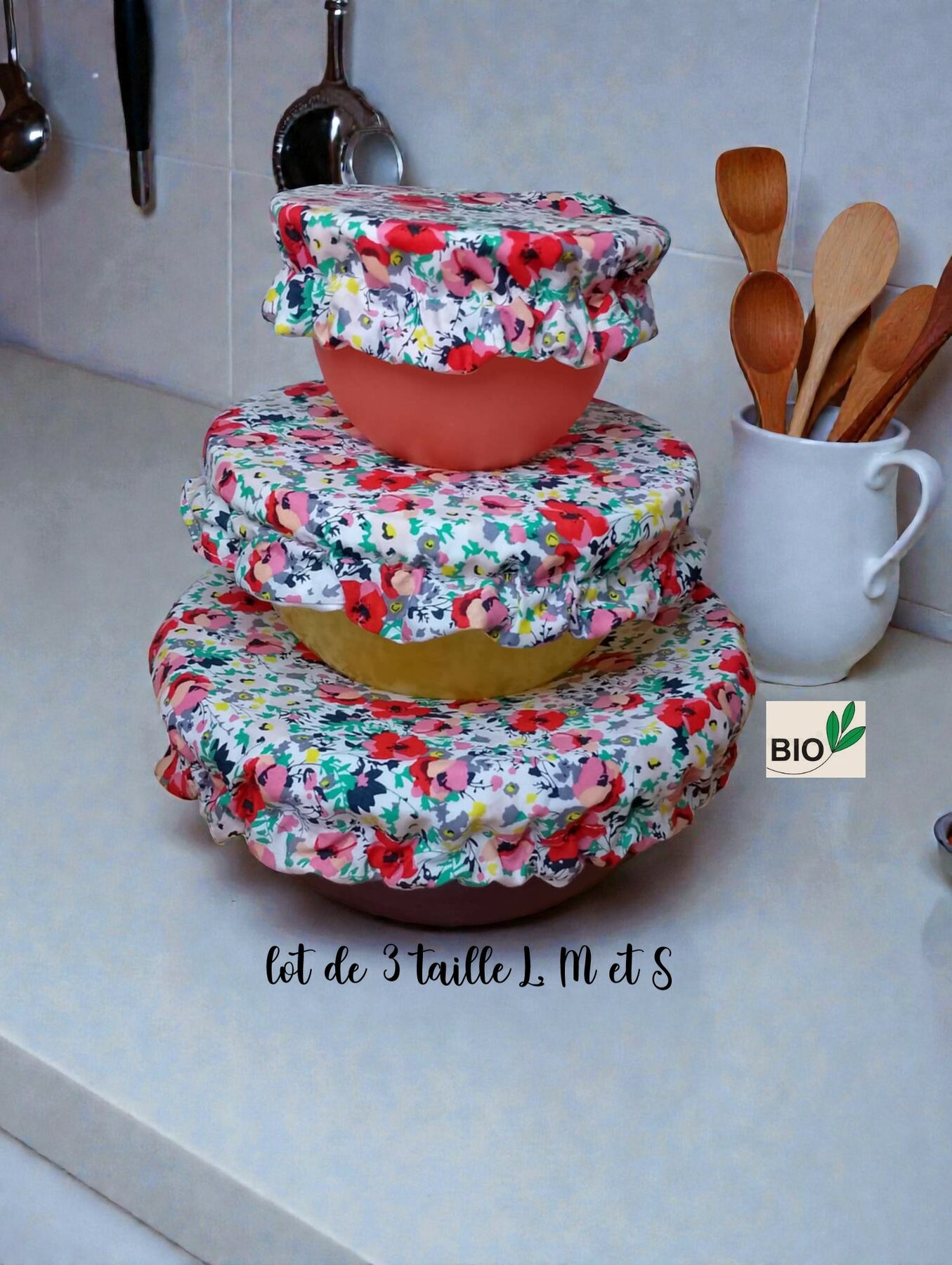 lot de 3 charlottes alimentaires coton bio doublé PUL certifié contact alimentaire modèle au choix – Image 2