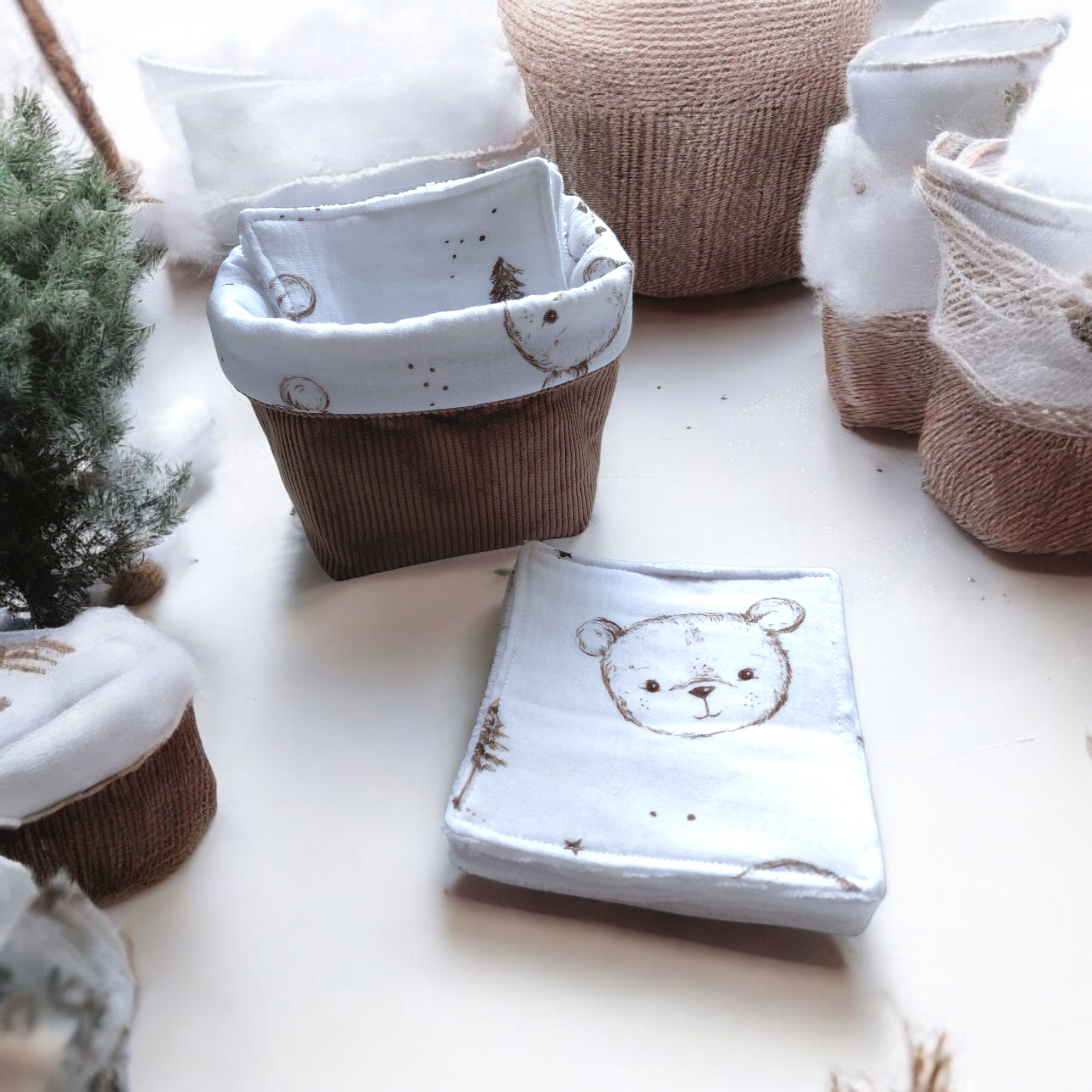 Panier bébé réversible et lingettes lavables – Velours côtelé & double gaze Oeko-Tex – Cadeau naissance