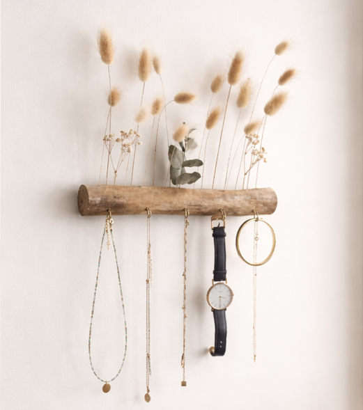 Porte-bijoux mural en bois et fleurs séchées – porte-clés décoratif fait main