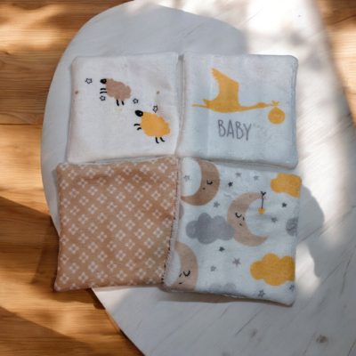 Lot de 4 lingettes lavables bébé – Collection ours – Éponge de bambou – Fait main