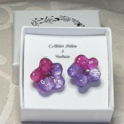 Boucles D'oreilles Artisanales "Fleurs" (Violet Rose) -Made In France