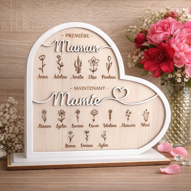 Cadeau Mamie Personnalisé en Bois – Cœur Famille Prénoms – Image 5
