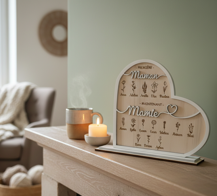 Cadeau Mamie Personnalisé en Bois – Cœur Famille Prénoms – Image 3