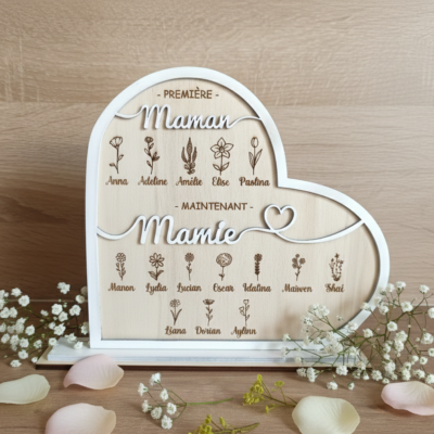 Cadeau Mamie Personnalisé en Bois – Cœur Famille Prénoms