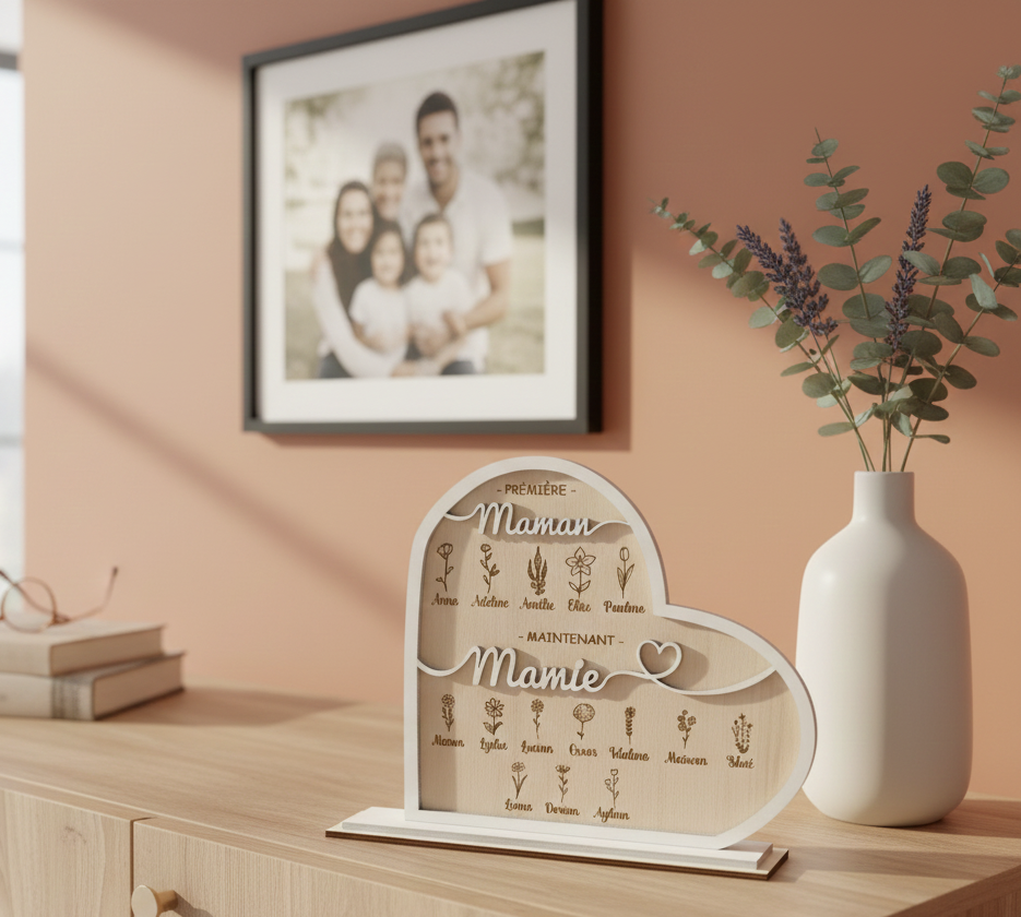 Cadeau Mamie Personnalisé en Bois – Cœur Famille Prénoms – Image 2