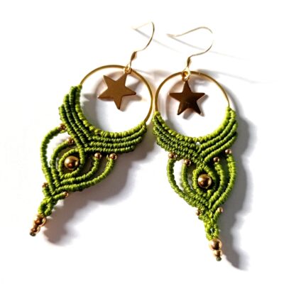 Boucles d'oreilles, micro macramé, vert, acier inoxydable doré