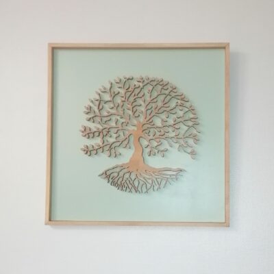 Arbre de vie en hêtre ou hévéa dans tableau encadré- ton miel - décoration murale nature et zen