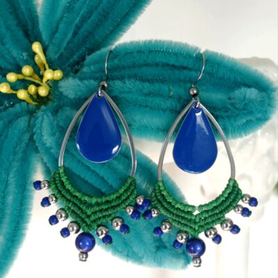 Boucles d'oreilles, micro macramé, bleu et vert, acier inoxydable