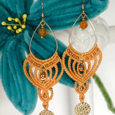 Boucles d'oreilles, micro macramé, jaune, acier inoxydable doré