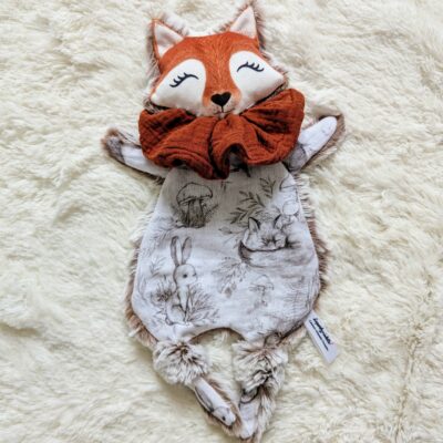 Doudou Renard personnalisé en double gaze & fourrure