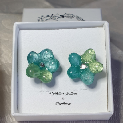 Boucles d'oreilles Artisanales "Fleurs" (Bleu Vert) -Made In France
