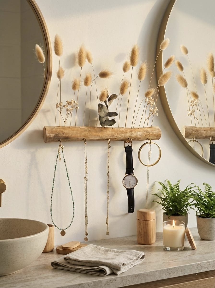 Porte-bijoux mural en bois et fleurs séchées – porte-clés décoratif fait main – Image 8