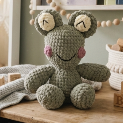 Doudou Grenouille fait main au crochet - Cadeau naissance original et doux - Peluche amigurumi personnalisable - vert sauge