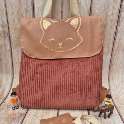 Sac à dos enfant personnalisé renard – Sac maternelle fait main haut de gamme en velours côtelé – Cadeau unique