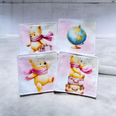 Lot de 4 lingettes lavables bébé – motif Ourson pars en voyage