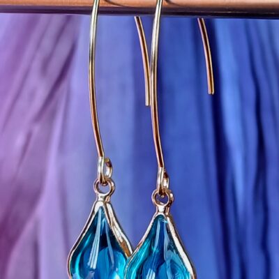 Boucles d'oreilles dorées goutte de verre, couleur Bleu turquoise