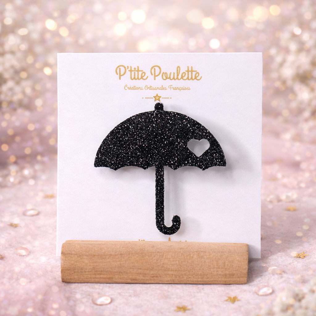 Broche Parapluie Pailleté noir – Bijou fantaisie artisanal – Création française P’tite Poulette