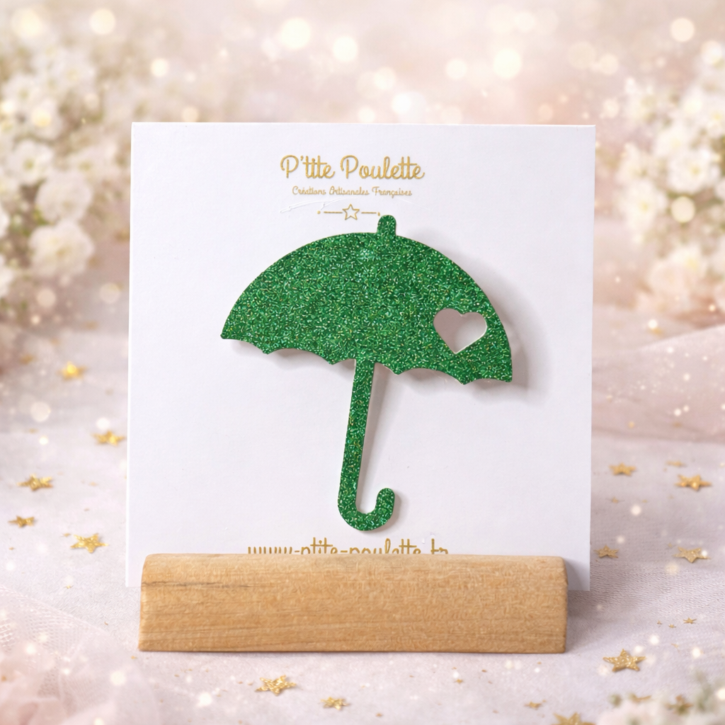 Broche Parapluie Pailleté vert– Bijou fantaisie artisanal – Création française P’tite Poulette