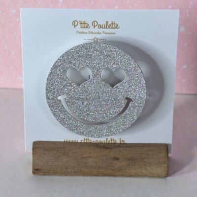 Broche Smiley Pailletée argent– Bijou fantaisie artisanal – Création française P’tite Poulette