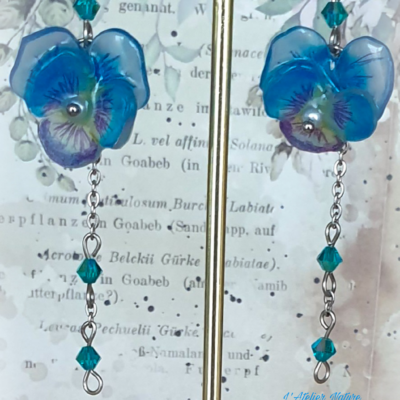 Boucles D'Oreilles Artisanales " Pensées Bleues " -Made In France