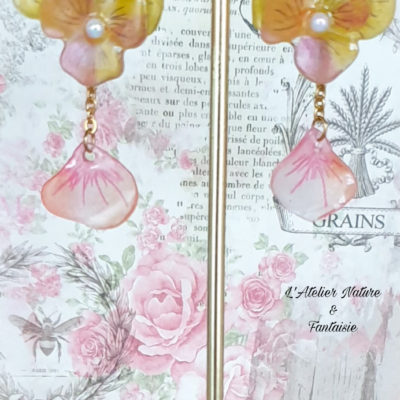 Boucles D'Oreilles Artisanales " Pensées Jaunes et Roses " -Made In France