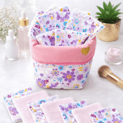panière lot lingettes lavables fleurs violettes