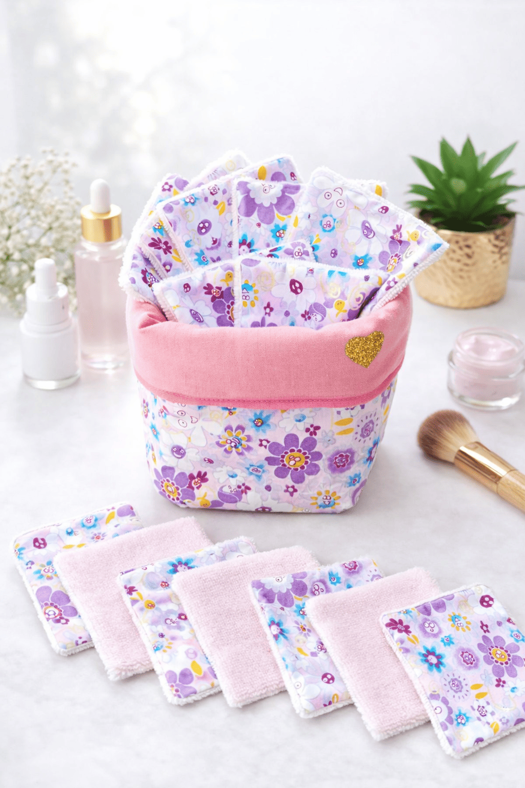panière lot lingettes lavables fleurs violettes