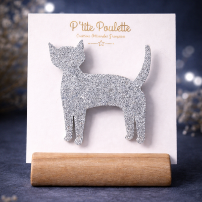 Broche Chat Pailletée argent – Bijou fantaisie artisanal – Création française P’tite Poulette
