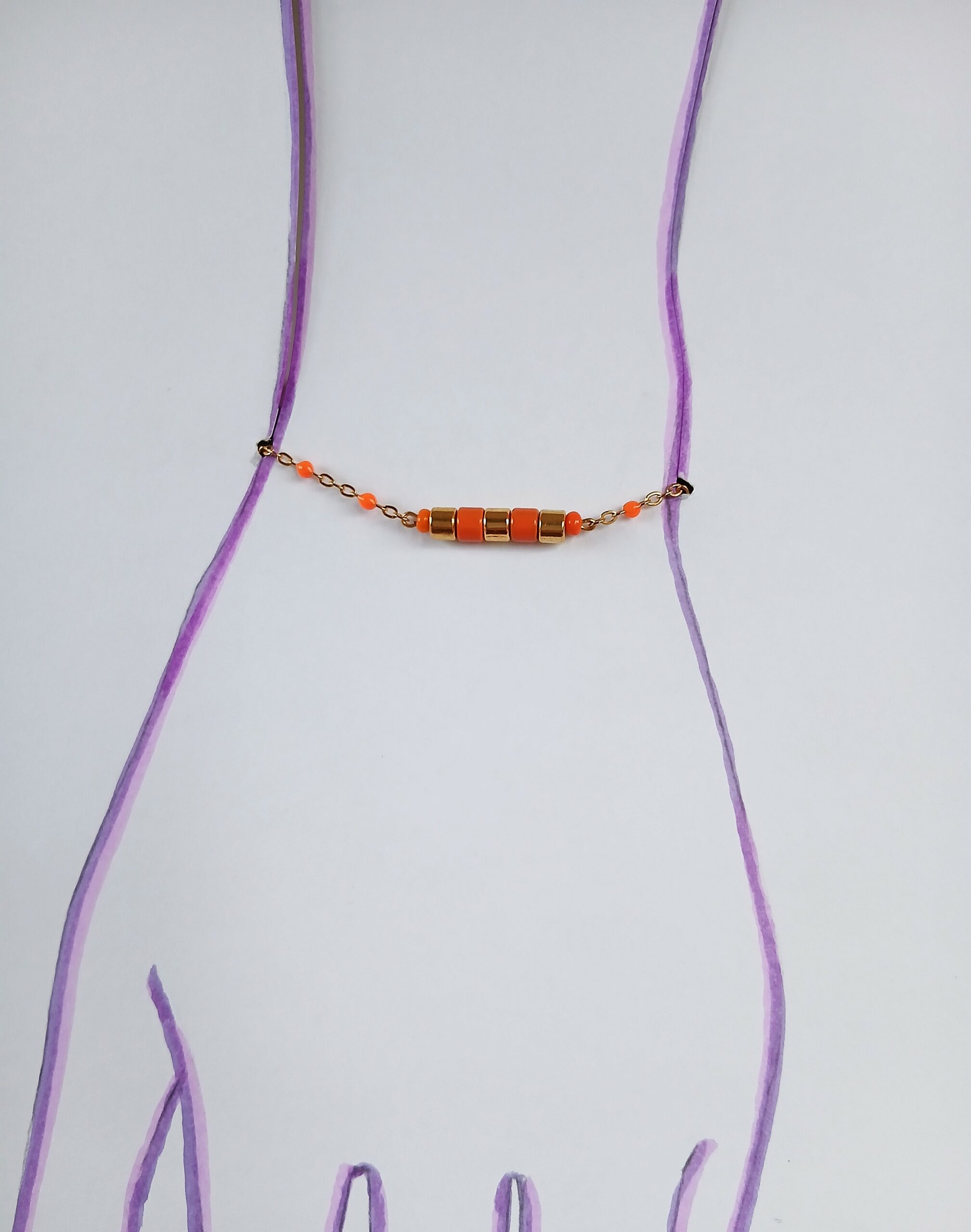 Bracelet upcyclé chaine doré et perles orange