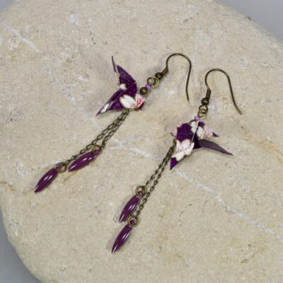 Boucles d’Oreilles Oiseaux en Origami & Sequins Émaillés