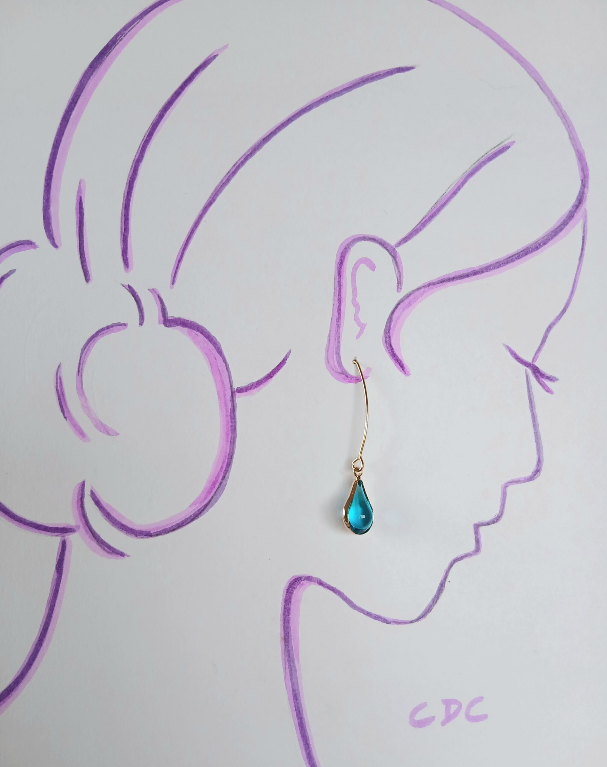 Boucles d'oreilles crochet dorée forme épurée pampille bleu turquoise lumineux