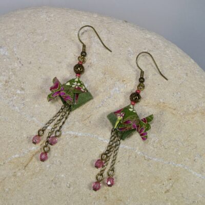 Boucles d’Oreilles Poissons en Origami vert et rose