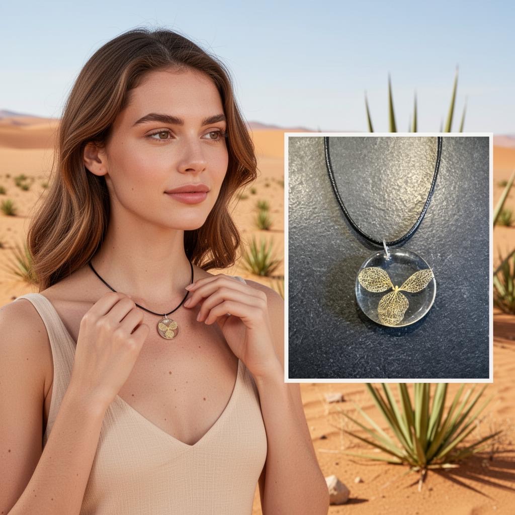 Collier en résine avec véritable feuille séchée – pendentif nature 3 feuilles jaunes