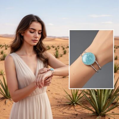 Bracelet argenté en résine bleu turquoise nacré – cabochon lumineux