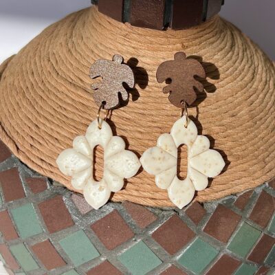 Boucles d’oreilles « Soléa Bohème » en pâte polymère beige naturel