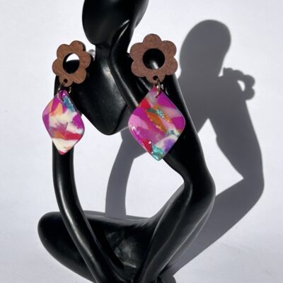 Boucles d’oreilles « Jardin coloré » en pâte polymère et bois