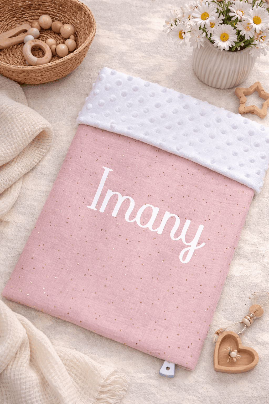 couverture double gaze rose minky blanc