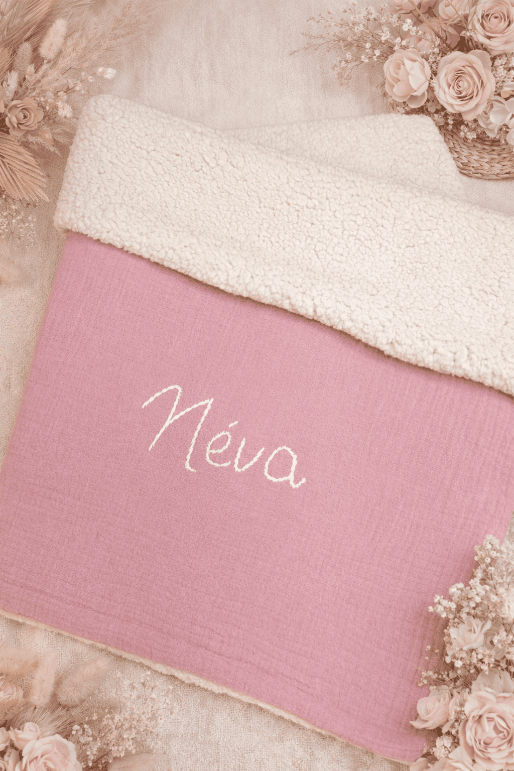 couverture double gaze rose sherpa ecru