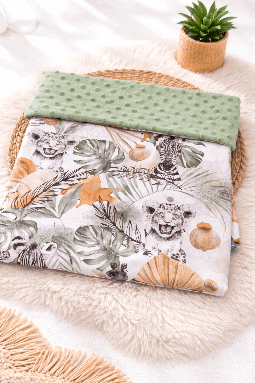 couverture coton savane lions minky vert