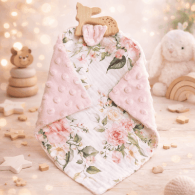doudou plat double gaze coton minky anneau bois