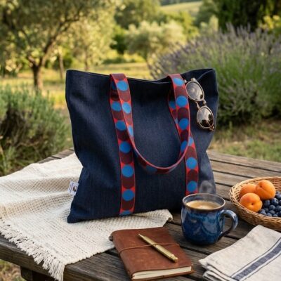 Le sac est posé sur une couverture de laine vintage, entouré d'objets soigneusement choisis : un thermos, un vieux livre et quelques fruits.