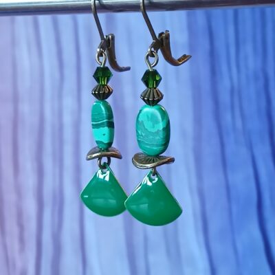 Boucles d'oreilles upcyclées pièce unique vert et bronze