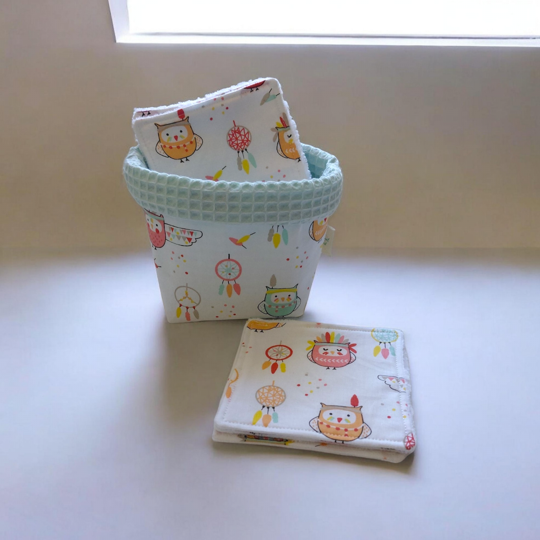 Panier en tissu + 6 lingettes lavables bébé 100% coton Oeko-Tex – Motif hiboux – Image 3
