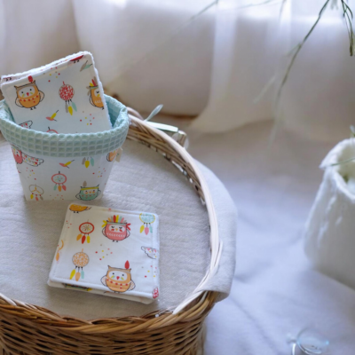 Panier en tissu + 6 lingettes lavables bébé 100% coton Oeko-Tex – Motif hiboux