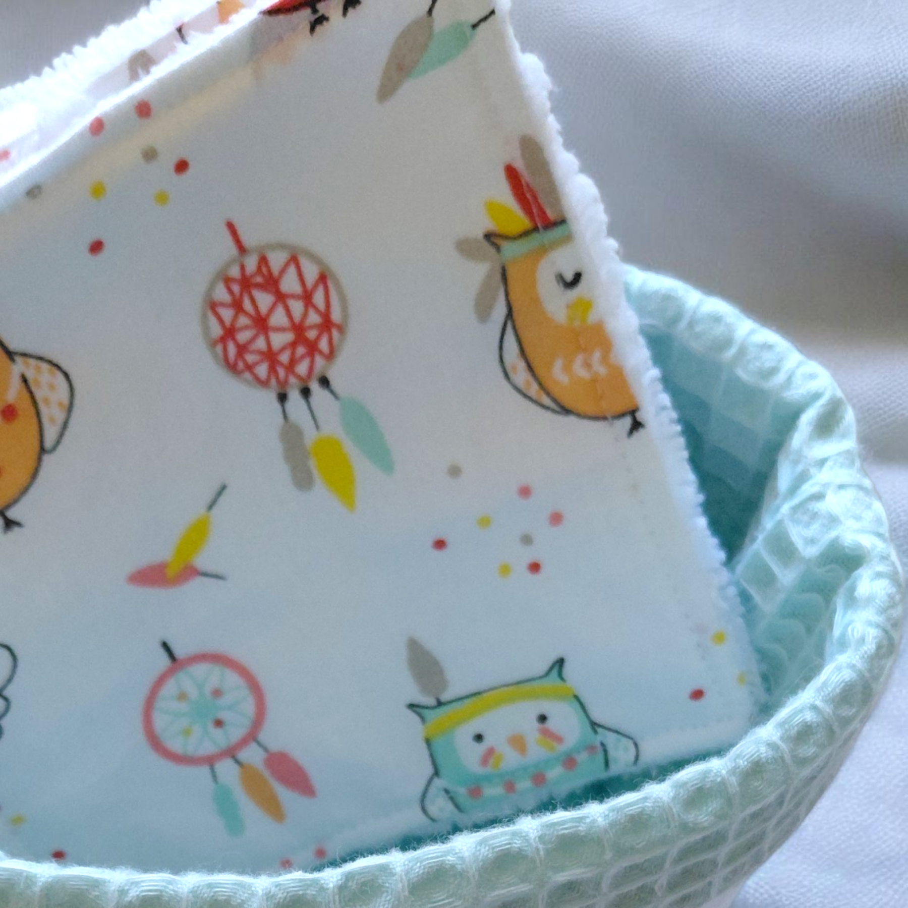 Panier en tissu + 6 lingettes lavables bébé 100% coton Oeko-Tex – Motif hiboux – Image 4
