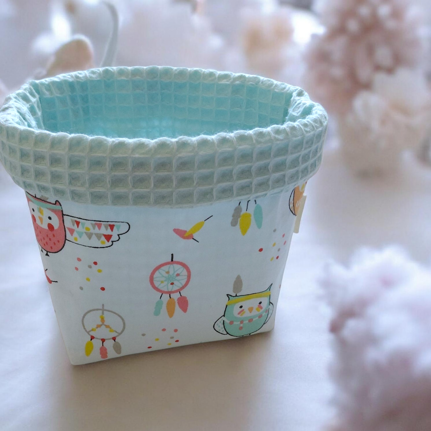 Panier en tissu + 6 lingettes lavables bébé 100% coton Oeko-Tex – Motif hiboux – Image 2